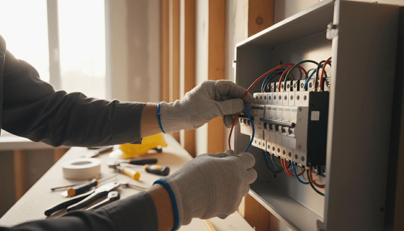 Electrician's hands connecting wiring to a circuit breaker panel with precision and care